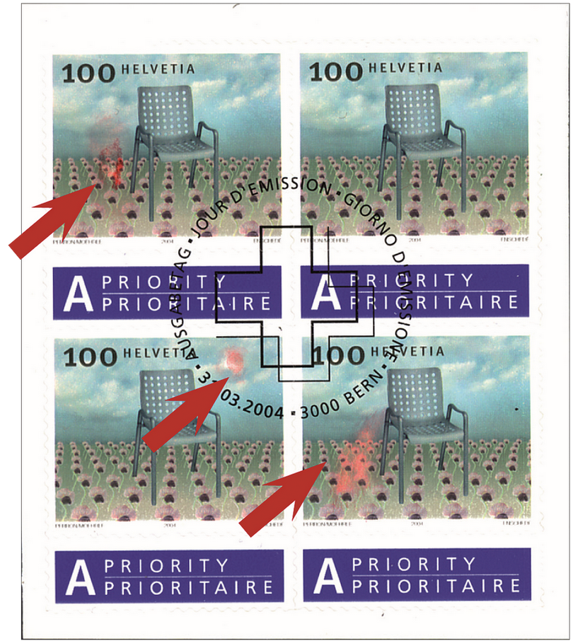 100 Rp. Landistuhl, "Extrem grosse rote Flecken auf drei Marken"