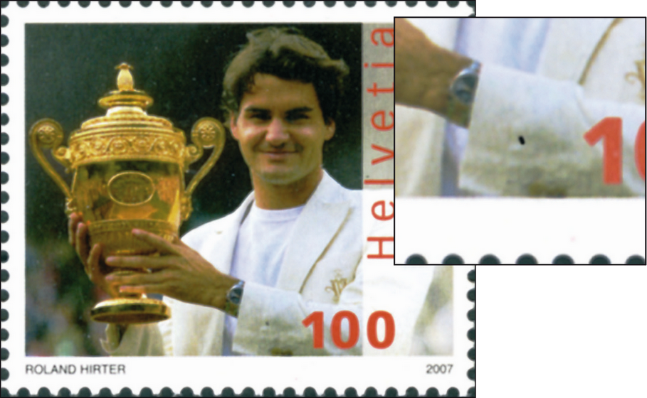 100 Rp. Roger Federer, "Schwarzer Manschettenknopf am Ärmel"