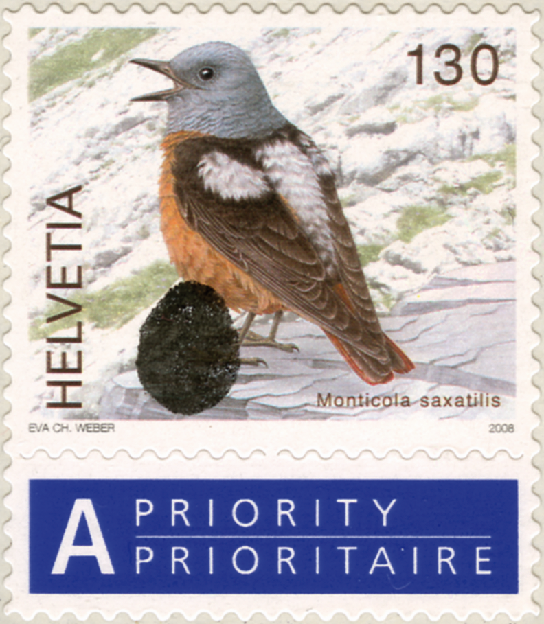 130 Rp. Steinrötel, "Grosser schwarzer Farbfleck" über den Füssen des Vogels