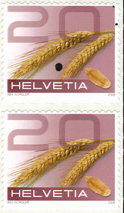 20 Rp. Roggen, "Drei grosse schwarze Farbflecken" zwischen den beiden Ähren und im rechten Markenrand oben