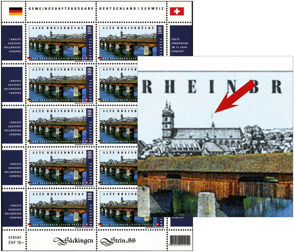 100 Rp. Alte Rheinbrücke, Bad Säckingen, "Schwarzer Rauch über der Kirchenschiff-Spitze"