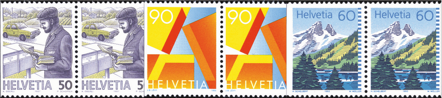 90 Rp. A-Post-Marke, 50 Rp. Postbote und 60 Rp. Lac de Tanay