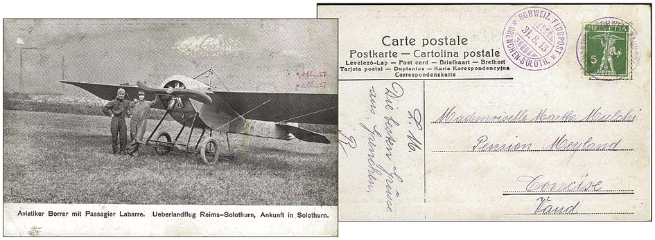 Flugtag Grenchen, offizielle Karte"Aviatiker Borrer mit Passagier Labarre"mit violettem Sonderstempel, sehr selten.