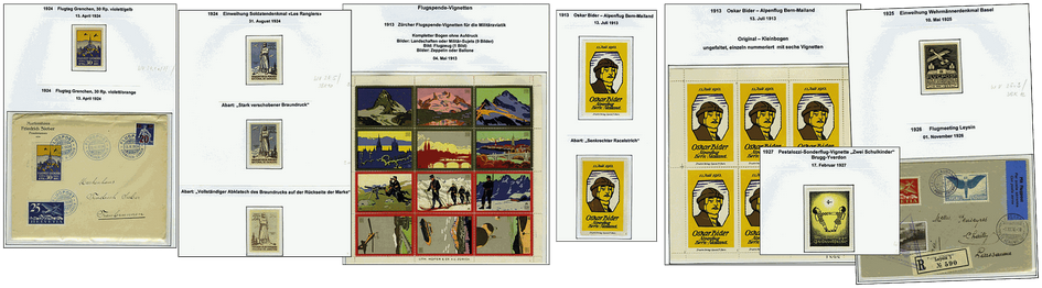 1909-34 Flugspende-Vignetten: Spezialsammlung mit über 25 verschiedenen Ausgaben, dabei Zusammendruck-und Originalbogen, Abarten, Briefe, kenntnisreich beschriftet.