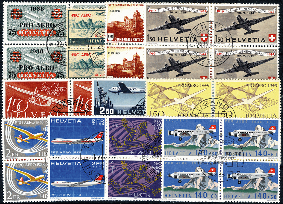 1938-88 Pro Aero Ausgaben im Viererblock mit zentrischem Stempel