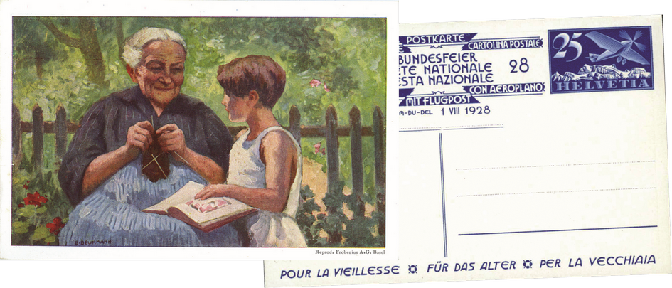 1928, 10 Rp. Grossmutter mit Mädchen, Flugpostausgabe 25 Rp. blau