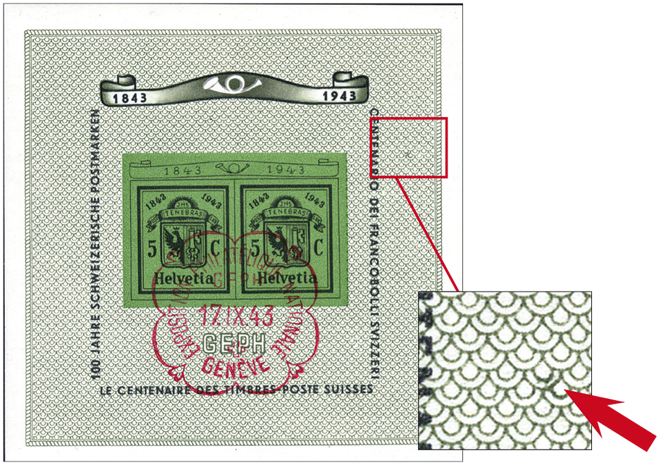 1943, Nationale Briefmarkenausstellung in Genf (GEPH), "Dunkler Fleck im Hintergrund rechts von Centenario"