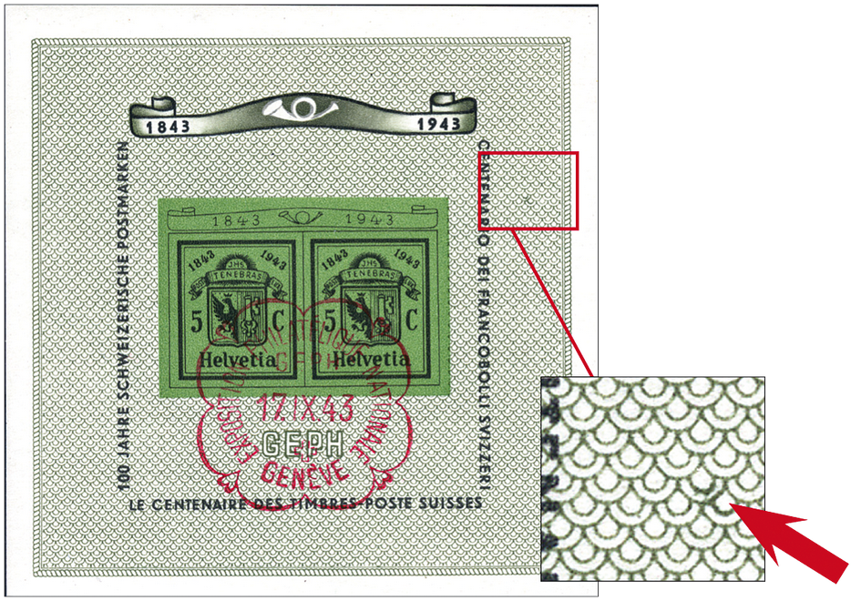 1943, Nationale Briefmarkenausstellung in Genf (GEPH), &quot;Dunkler Fleck im Hintergrund rechts von Centenario&quot;