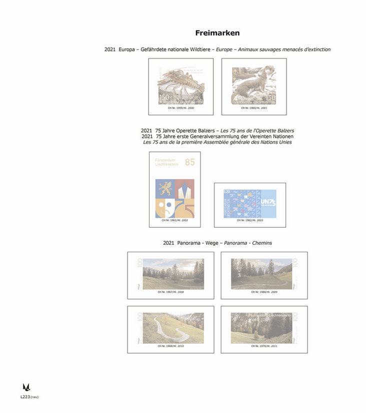 2021, Liechtenstein mit Schutztaschen, Gebiet komplett (L223-L229, LZ34-LZ36)