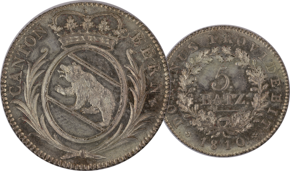 1810, 5 Batzen Bern, 4.54g schwer, Silber, unzirkulierte Erhaltung.