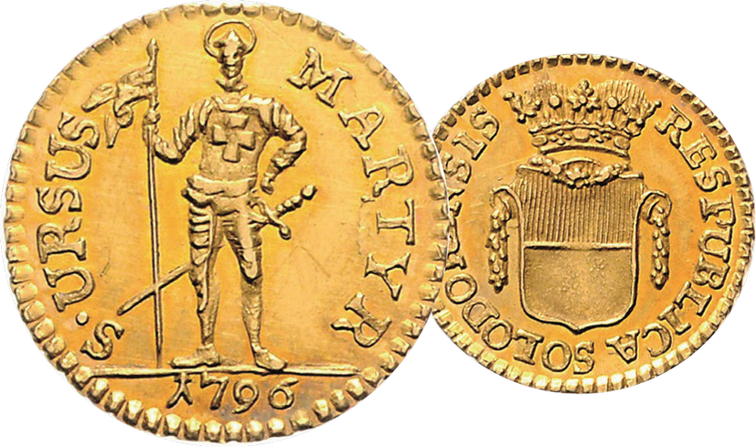 1796, Viertelduplone Solothurn, 1.90g schwer, Gold, vorzügliche Erhaltung.