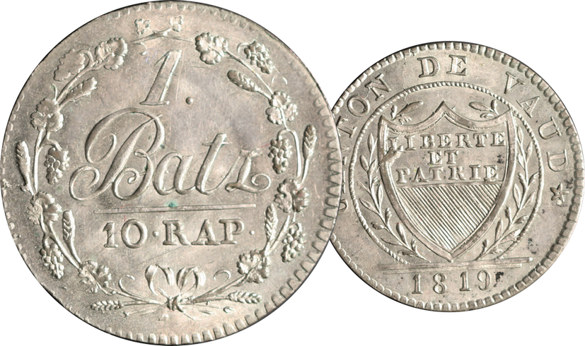 1819, 1 Batzen Waadt, 2.57g schwer, Silber, unzirkulierte Erhaltung.