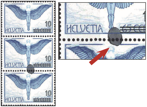 [7370.22.13] 10-65 Rp. Ikarus, blau-hellblau, "Grosser Fleck der Aufdruckfarbe über 2 Marken"