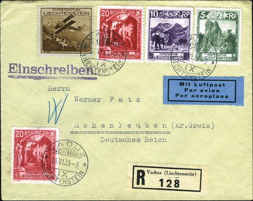 [7371.3.08] 1933, Vaduz-Hohenleuben,Chargé-Vierfarben-Frankatur