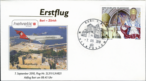 [7371.2010.06] 2010, Offizieller Erstflug Helvetic-Airways Bari-Zürich, illustrierter Sonderbeleg