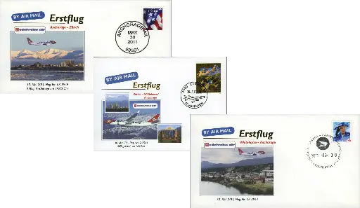 [7371.2011.31] 2011, 3 Sonderbelege "Erstflüge Edelweiss Airlines Zürich-Whitehorse-Anchorage"