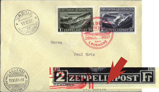 [7372.47.06] 1931, Vaduz-Lausanne, &quot;Sehr stark verschobener Unterdruck&quot; der 2-CHF-Frankatur