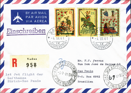 [7373.61.36] 1961, Zürich - Sao Paulo ab Liechtenstein, Lufthansa B-720B. 50 Briefe befördert.