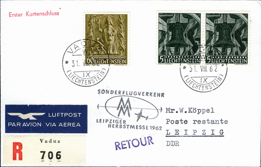 [7373.62.33] 1962, Zürich - Leipzig ab Liechtenstein