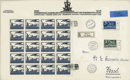 [7374.26.40] 1926, 1. Internationale Binnenschiffahrts-Austellung, OK-Vignette graublau-schwarz, &quot;Retouche am Flugzeug&quot; (12.M.)