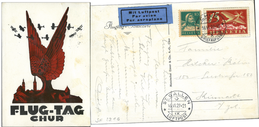 [7374.29.11] 1929, Militärflugtag Chur, Luft-Postbeförderung Chur - St. Gallen