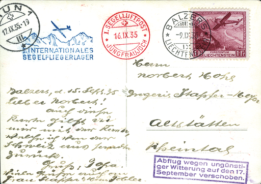 [7374.35.13] 1935, 1. Segelflugpost Jungfraujoch ab Liechtenstein