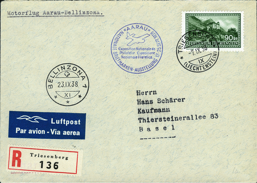 [7374.38.05] 1938, Aarau - Bellinzona - Aarau, Aarau - Bellinzona ab Liechtenstein