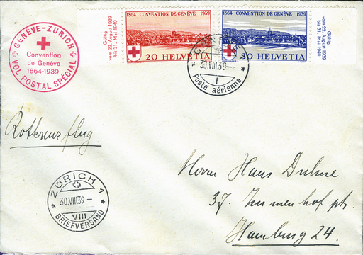 [7374.39.10] 1939, Genf - Zürich - Genf, Rotkreuz-Postflüge ab Liechtenstein