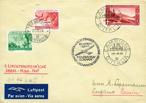 [7374.46.08] 1946, 1. Liechtensteinische Segelflugpost Masescha - Schaan