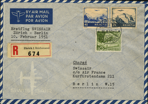 [7374.51.01] 1951, Zürich - Frankfurt - Berlin, Swissair Erstflug