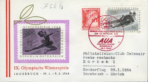 [7374.64.01] 1964, Innsbruck - Zürich, Sonder-Flugpostabfertigung anlässlich der Eröffnung der IX. Olympischen Winterspiele