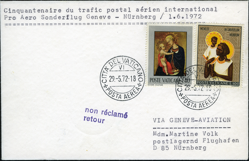 [7374.72.13] 1972, Genf - Nürnberg, Vatikan- Frankatur, Jubiläumsflug der JU-52 "50 Jahre Internationaler Luftpostverkehr"