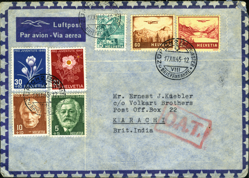 [7376.42.01] 1945, O.A.T - rot im Rechteck - Onward Air Transmission - für Fluglinien ab London ab Kriegsende