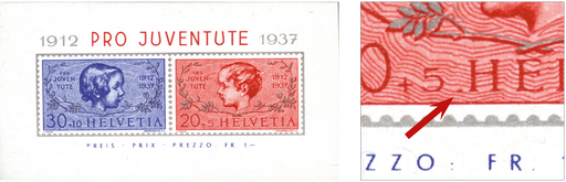 [7390.83.14] 1937, 25 Jahre Pro-Juventute-Marken, "Roter Punkt vor H"