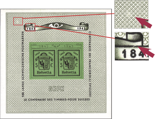 [7410.18.04] 1943, Nationale Briefmarkenausstellung in Genf (GEPH), "Heller Fleck in der linken oberen Ecke" und "Gebrochene Linie über 1843"