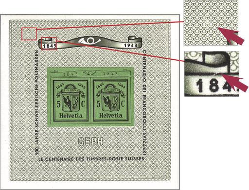 [7410.18.04] 1943, Nationale Briefmarkenausstellung in Genf (GEPH), &quot;Heller Fleck in der linken oberen Ecke&quot; und &quot;Gebrochene Linie über 1843&quot;