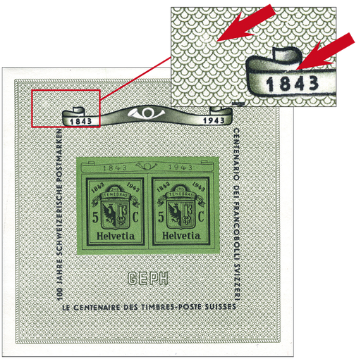 [7410.18.07] 1943, Nationale Briefmarkenausstellung in Genf (GEPH), "Heller Fleck in der linken oberen Ecke" und "Gebrochene Linie über 8 von 1843"