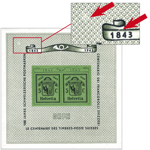 [7410.18.07] 1943, Nationale Briefmarkenausstellung in Genf (GEPH), &quot;Heller Fleck in der linken oberen Ecke&quot; und &quot;Gebrochene Linie über 8 von 1843&quot;