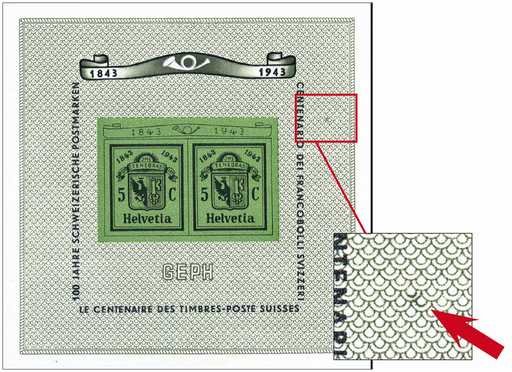 [7410.18.11] 1943, Nationale Briefmarkenausstellung in Genf (GEPH), "Dunkler Fleck im Hintergrund rechts von Centenario"