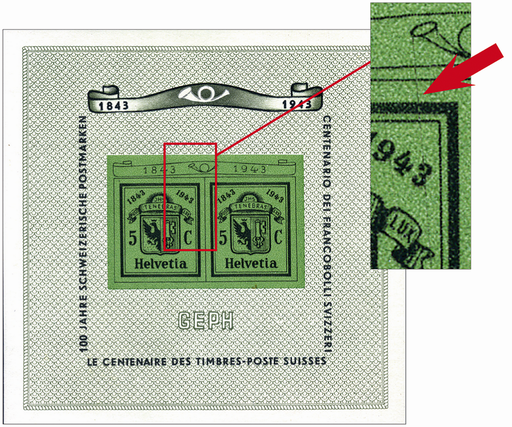 [7410.18.05] 1943, Nationale Briefmarkenausstellung in Genf (GEPH), "Farbiger Strich vom Posthorn durch 3 vom 1943 bis zum Rand beim C"