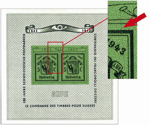 [7410.18.05] 1943, Nationale Briefmarkenausstellung in Genf (GEPH), &quot;Farbiger Strich vom Posthorn durch 3 vom 1943 bis zum Rand beim C&quot;