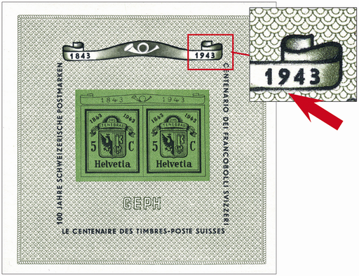 [7410.18.09] 1943, Nationale Briefmarkenausstellung in Genf (GEPH), "Unterhalb 1943 im oberen Schriftband abgenützt oder retouchiert"