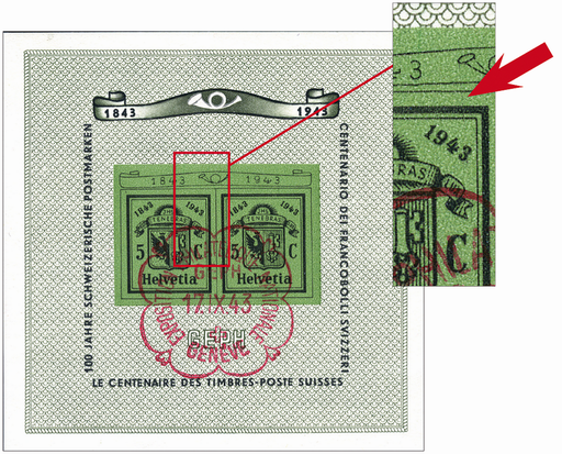 [7410.18.06] 1943, Nationale Briefmarkenausstellung in Genf (GEPH), "Farbiger Strich vom Posthorn durch 3 vom 1943 bis zum Rand beim C"