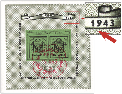 [7410.18.10] 1943, Nationale Briefmarkenausstellung in Genf (GEPH), "Unterhalb 1943 im oberen Schriftband abgenützt oder retouchiert"