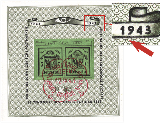 [7410.18.10] 1943, Nationale Briefmarkenausstellung in Genf (GEPH), &quot;Unterhalb 1943 im oberen Schriftband abgenützt oder retouchiert&quot;