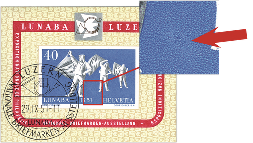 [7410.32.09] 1951, Nationale Briefmarkenausstellung Luzern (LUNABA), "Retouche zwischen den vorderen Fahnenschwingern"