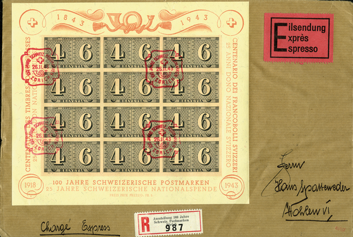 [7411.16.06] 1943, Luxusblatt 100 Jahre Schweizerische Postmarken