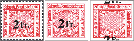 [7600.65.01] 1940-1949, 2 Fr. Flügelrad, dunkelrot-schwarz, Druckprobe in Originalfarbe, &quot;Wertziffer stark verschoben&quot; und &quot;Ungezähnt&quot;