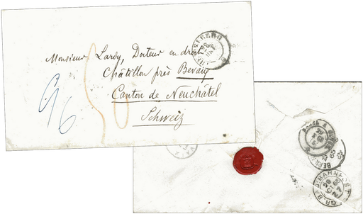 [7000.1865.01] 1865-67, Schnörkel-Briefchen aus HEIDELBERG nach Neuchâtel 