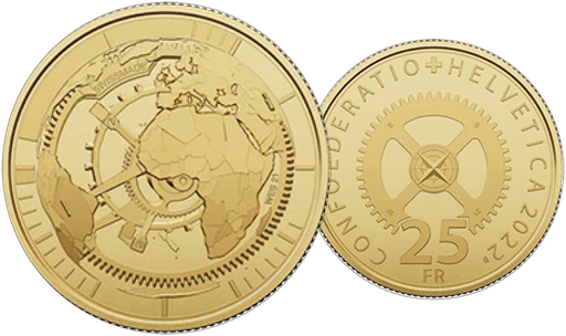 [8009.2022.03] 25 Franken Gedenkmünze, &quot;Timemachine&quot;, mit Künstlersignatur, Gold (900), 5.64g schwer, 20mm Durchmesser, Polierte Platte